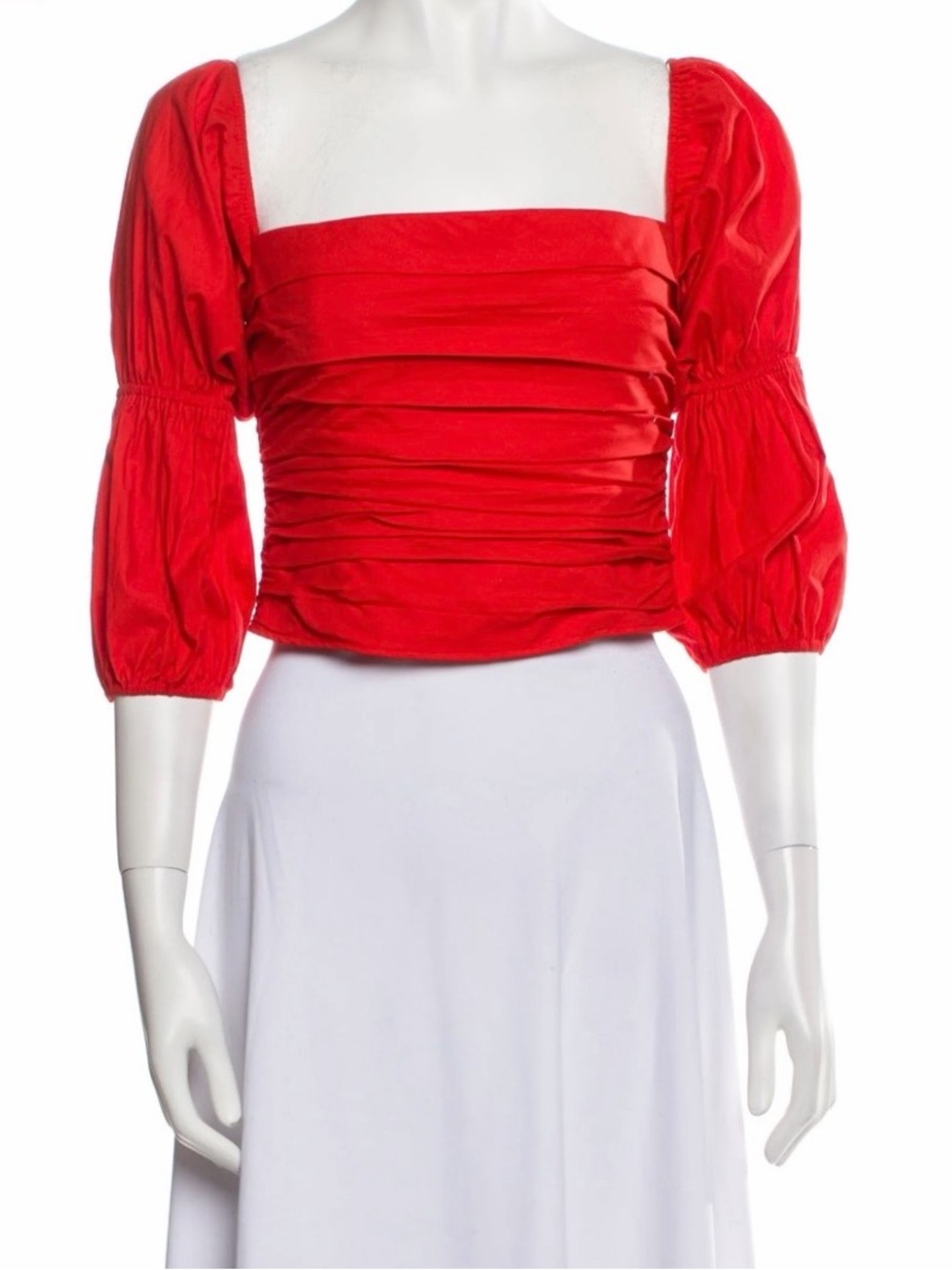 Reformation Colorful Red Ruched Puff-Sleeve Square-Neck Crop Top